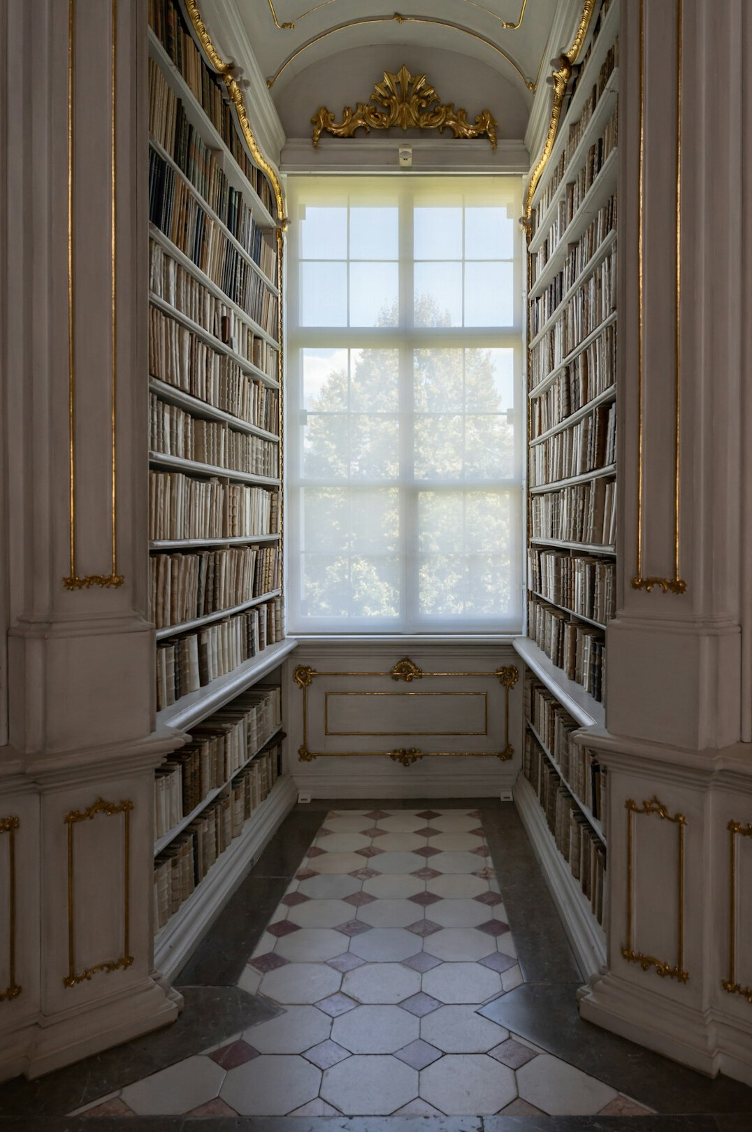 Quiet library with tall bookshelves